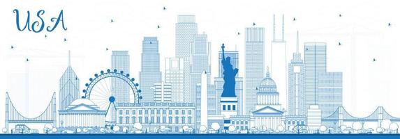 Outline USA Skyline with Blue Skyscrapers and Landmarks. vector