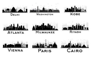 Set of City Skyline Black and White Silhouette. vector