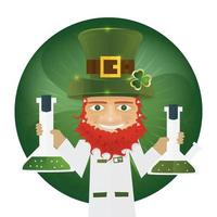 Portrait of Leprechaun Scientist holding flask in hands. vector