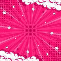 Pink abstract comic background pop art background for poster or book in pink color radial rays backdrop with halftone and cloud effect vector