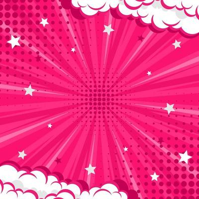 Pink abstract comic background pop art background for poster or book in pink color radial rays backdrop with halftone and cloud effect