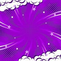 Fondo de arte pop de fondo abstracto púrpura para póster o libro en fondo de rayos radiales de color púrpura con medio tono y efecto de nube vector