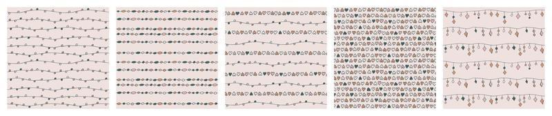 Collection of vector seamless patterns of hand drawn beads, hearts, garlands. Set of abstract background from decorative doodle elements. Modern trendy print for textiles, fabric