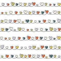 Seamless pattern of hand drawn hearts. Vector abstract background from doodle elements. Swirl curve embellished with decorative colored shapes. Trendy texture for fabric design, textiles, covers