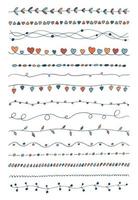 Vector set colored hand drawn vintage borders. Doodle lines collection for your design. Cute trendy decorative and botanical element. Curves decorated with leaves, circles, swirls, hearts