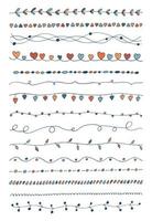 Vector set colored hand drawn vintage borders. Doodle lines collection for your design. Cute trendy decorative and botanical element. Curves decorated with leaves, circles, swirls, hearts