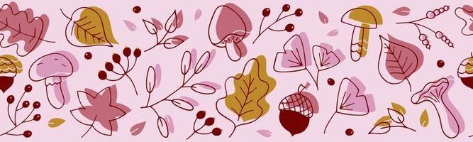 Borde vectorial sin costuras de hojas dibujadas a mano, champiñones, ramitas, bayas y bellotas. repitiendo adornos interminables con plantas decorativas de garabatos. patrón de fondo de moda de garabatos botánicos de otoño vector