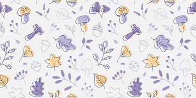 Vector seamless pattern of autumn leaves, twigs, berries, acorns and mushrooms. Abstract background from hand drawn botanical elements, cartoon plants. Trendy floral texture from cute doodles, season