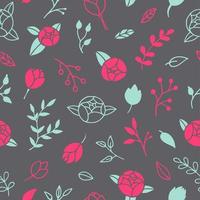 Vector seamless pattern from hand drawn floral elements, cartoon plants. Abstract background with flowers, leaves, branches. Trendy texture from cute doodle botanical elements, wallpaper