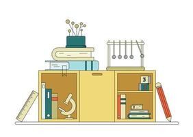 Vector flat illustration on the theme of back to school, learning, science. Collection of books, folders, objects for studying physics, biology and other subjects. Study equipment on cabinet shelves