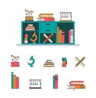 ilustración plana vectorial sobre el tema de la vuelta a la escuela, el aprendizaje, la ciencia. conjunto de íconos de libros, carpetas, objetos para estudiar física, biología. equipo de estudio en los estantes del gabinete, interior vector