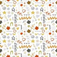 Vector seamless pattern from floral elements, cartoon plants. Abstract background with hand drawn flowers, leaves, branches and decorative shapes. Trendy texture from cute doodle botanical elements