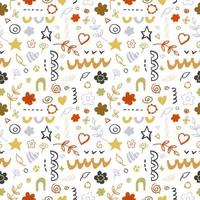 Vector seamless pattern from floral elements, cartoon plants. Abstract background with hand drawn flowers, leaves, branches and decorative shapes. Trendy texture from cute doodle botanical elements