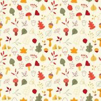 Vector seamless pattern of autumn leaves, twigs, berries, acorns and mushrooms. Abstract background from hand drawn botanical elements, cartoon plants. Trendy floral texture from cute doodle objects