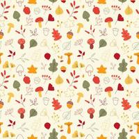 Vector seamless pattern of autumn leaves, twigs, berries, acorns and mushrooms. Abstract background from hand drawn botanical elements, cartoon plants. Trendy floral texture from cute doodle objects