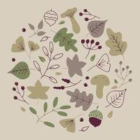 Vector pattern of autumn leaves, twigs, berries, acorns and mushrooms. Postcard on the theme of the seasons, abstract background.  Hand drawn botanical illustration for September, October and November