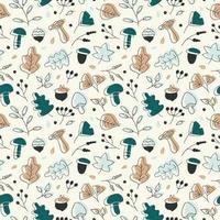 Vector seamless pattern of autumn leaves, twigs, berries, acorns and mushrooms. Abstract background from hand drawn botanical elements, cartoon plants. Trendy floral texture from cute doodles, season