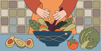 Vector flat illustration, a girl in the kitchen prepares a salad. Cooking a dish of cabbage, avocado, tomatoes and greens. Woman adding spices and mixing ingredients in a bowl, healthy food