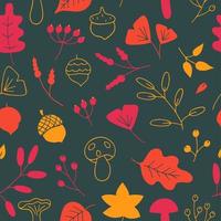 Vector seamless pattern of autumn leaves, twigs, berries, acorns and mushrooms. Abstract background from hand drawn botanical elements, cartoon plants. Trendy floral texture from cute doodle objects