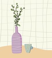 Flat vector illustration, vase with plant and cup on checkered pattern background. Hand drawn simple still life