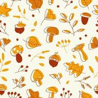 Vector seamless pattern of autumn leaves, twigs, berries, acorns and mushrooms. Abstract background from hand drawn botanical elements, cartoon plants. Trendy floral texture from cute doodles, season