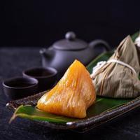 Alkaline rice dumpling zongzi - Traditional sweet Chinese crystal food on a plate to eat for Dragon Boat Duanwu Festival celebration concept, close up. photo