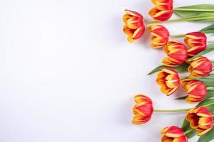 Mother's Day, Valentine's Day background, tulip flower bunch - Beautiful Red, yellow bouquet isolated on white table, top view, flat lay, mock up design concept. photo