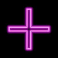 Pink neon cross on a black background. One object. Plus sign vector