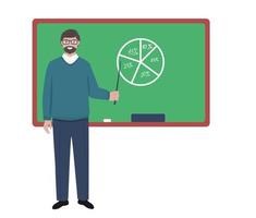 Man with pointer next to board. School teacher character. Isolated on white background vector illustration.