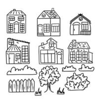 Set of cute houses isolated on white background. Hand drawn sketch in doodle style. Vector image, clipart, editable details. Houses for coloring books.