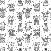 Hand drawn cactus and succulents in hand drawn doodle style seamless pattern. Cactus in pots. Beautiful floral background. vector