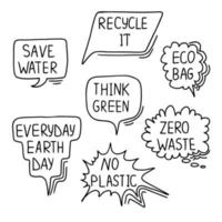 Zero waste speech bubbles in hand drawn doodle style. Vector illustration isolated in white background.