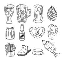 Set of beer in hand drawn doodle style. Beer and snacks in sketch style. Isolated vector illustration.