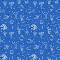 Sea life seamless pattern. Endless collection of hand drawn illustration. fish, shells, different seaweeds, shingle urchin. Isolated vector background for web, fabric, textile.