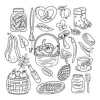 Adorable collection of fall doodle elements. Cozy things, clothes, harvest, food and nature vector illustration.