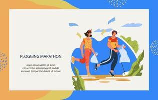 Plogging marathon banner template with running people picking up trash into litter bags. Ecology environment conservation and recycling, zero waste. Flat cartoon vector illustration isolated.