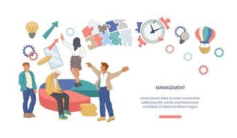 Efficient management and workflow organization website banner with business people. Teamwork brainstorming meeting process landing page background template. Vector illustration.