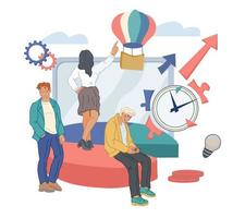 Creative business team working on startup project in deadline terms - website banner. Company workflow and management, joint solution for success achievement. Flat vector illustration isolated.