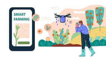 Smart farming agricultural wireless technology with farmer remotely controlling drone - website banner template. Distance internet innovation for farmers production. Cartoon vector illustration.