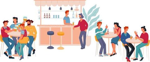 Restaurant or bar interior with cartoon people characters sitting at tables and drinking beer. Pub with visitors talking and toasting with alcoholic beverages. Flat vector illustration isolated.