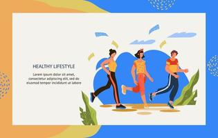 Healthy lifestyle banner template with people running or jogging in park. Active lifestyle and physical activity. Sport exercising for health and longevity. Flat cartoon vector illustration.
