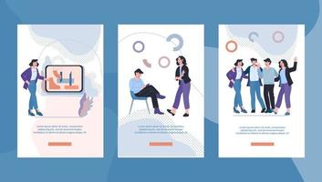 Webinar, podcast and online tutorial mobile page onboarding template set. Distance education and coaching, teaching and internet training application interface with people. Flat vector illustration.