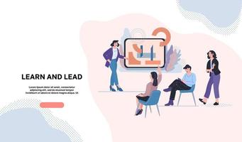 Learn and Lead landing page or website template. Company staff training and continuing education courses. Webinar online for Leadership skills Development.Vector flat cartoon illustration vector