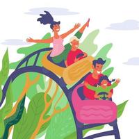 Family have fun at entertainment park and riding on rollercoaster together. Mom, dad and children in amusement park at recreation time. Active leisure and vacation.Flat vector illustration.