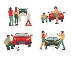 Car repair and insurance, roadside assistance or towing service set with people characters. Aid of repairman, automobile crash inspector or insurance agent. Flat vector illustration isolated.