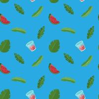 Seamless pattern with watermelon, green leaves and fresh juice in glass. Vector illustration isolated on blue background. Endless backdrop for printing on textile, stationery.