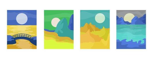 Abstract minimalistic landscapes set with Sun, Moon, sea, mountains. Boho wall decor. Flat abstract vector illustration.