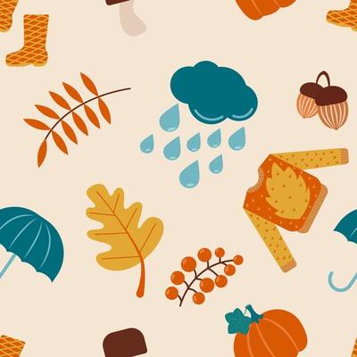 Autumn seamless pattern. sweater, umbrella, mushroom, leaves, rain drops and boots. Flat vector illustration.