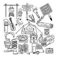 Hand drawn doodle camping vector elements. Set with bonfire, tent, hiking, map, camera, guitar and touristic equipment.