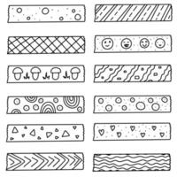 Collection of washi tapes in hand drawn doodle style. decorative scotch elements set. Vector isolated on white.